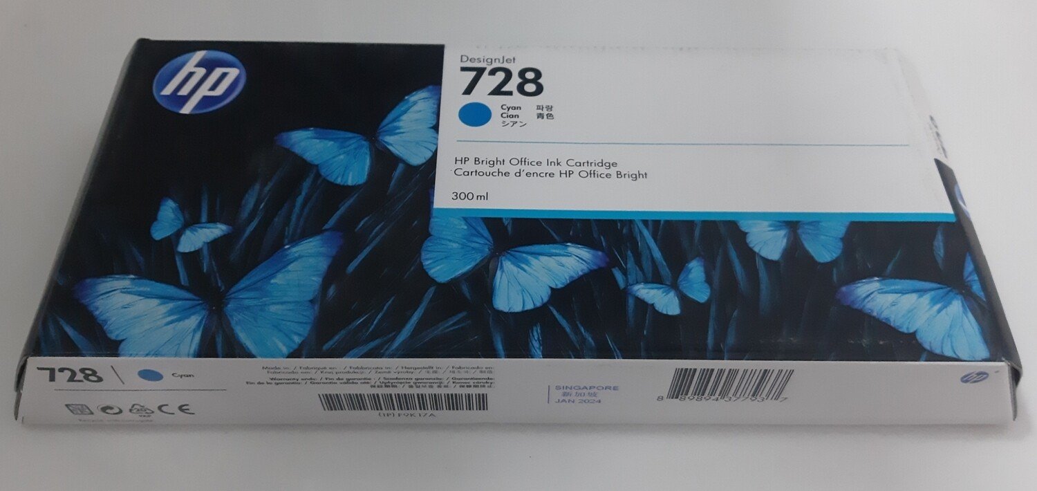 HP DesignJet 728 Cyan Ink Cartridge, 300ml (F9K17A)